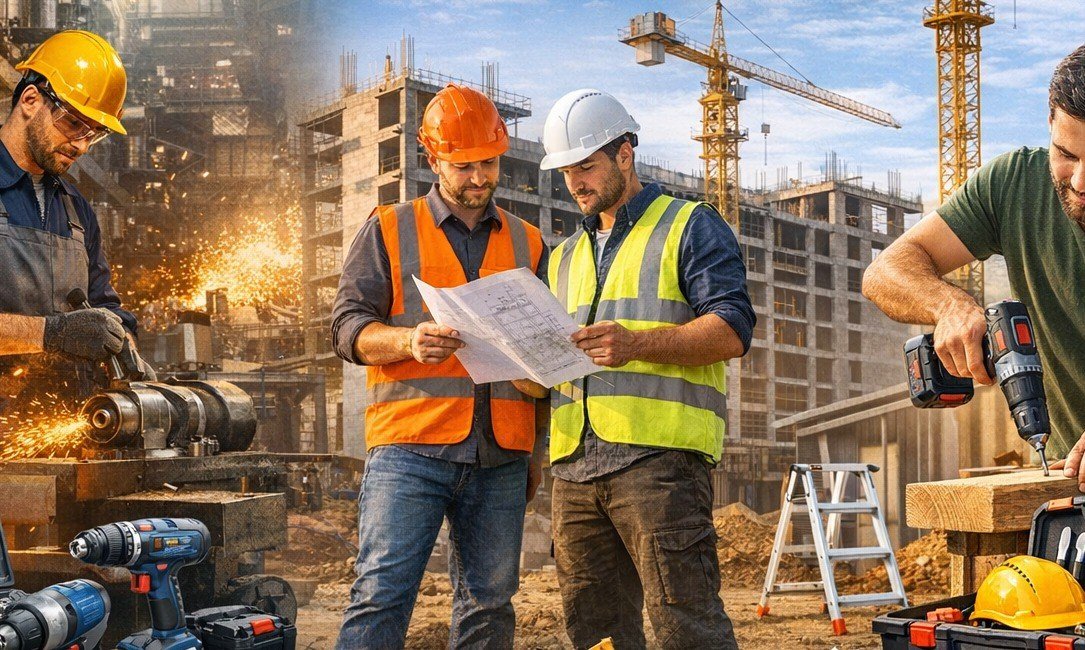 Professionnels sur chantier et en atelier équipés par Outilmarket.ma